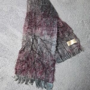 Calzeat of Scotland Scarf Burgundy Grey‎ Blue Mohair Wool Blend Fringed